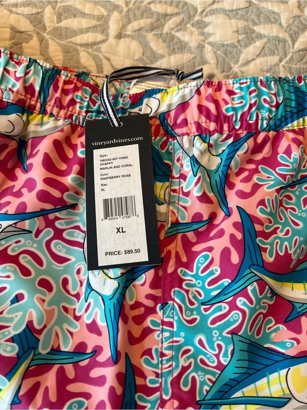 Vineyard Vines Pink Teal Marlin-Print Men’s Swim Trunks